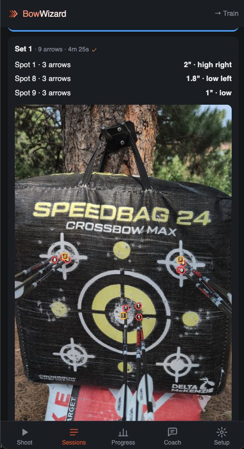 A speedbag with nine arrows found across three aim spots, each group measured
