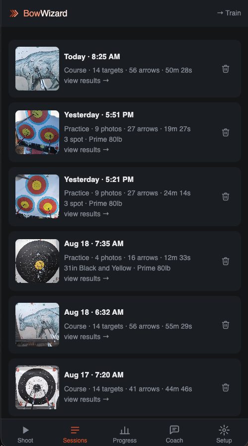 The sessions list: courses, practice and scored rounds with target photos