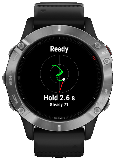 A Garmin watch after a shot: the path the aim took while holding, the release point, hold 2.6 seconds, steady 71
